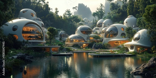 Futuristic dome homes nestled in a lush, tranquil landscape by a serene lake, showcasing innovative architecture.