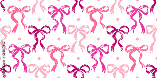Bow pattern. Pink ribbon seamless print. Cute crayon flirtatious background. Coquette vintage repeat feminine bow pattern. Watercolor pink pretty ribbon seamless vector. Brush, pencil cute girl design