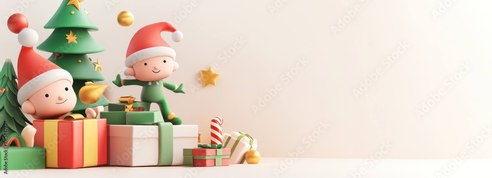 Fototapeta premium Festive 3D Christmas scene with playful elves and gifts