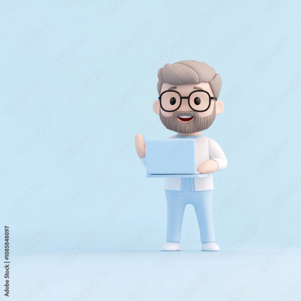 cheerful 3D character with glasses holding laptop on blue background cheerful 3D character with glasses holding laptop on blue background