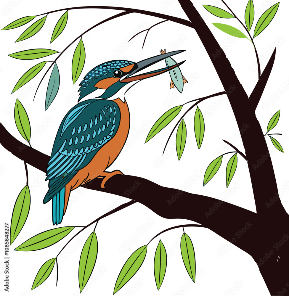Obraz premium A Kingfisher bird has a small fish in its mouth sitting on tree branch 