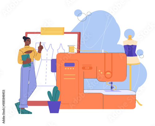 Woman clothes designer. Young girl with sewing machine near template of dress. Tailoring and needlework. Fashion, trend and style. Flat vector illustration isolated on white background