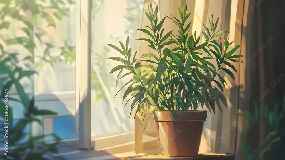 Fototapeta premium Anime Manga Plant in a Pot Illustration with Macro Detail