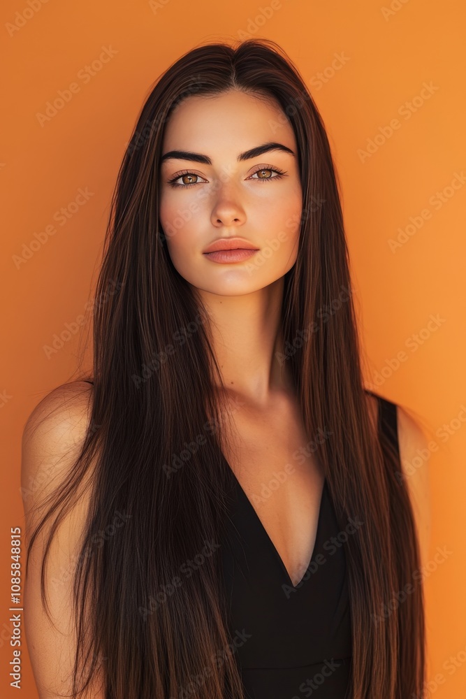Stunning model with long dark brown hair in black dress against vibrant orange background for salon Stunning model with long dark brown hair in black dress against vibrant orange background for salon