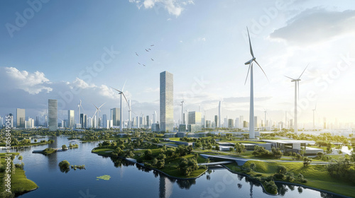 Futuristic city clean energy sustainable development hope progress cityscape wind turbines river skyscrapers green eco friendly technology environment nature future urban modern innovation harmony