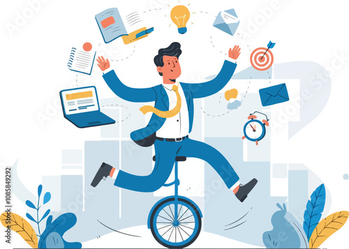 businessman juggling tasks while riding a unicycle vector illustration.

