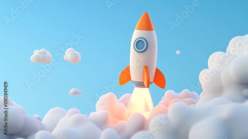 cartoon rocket launching into bright blue sky with fluffy clouds