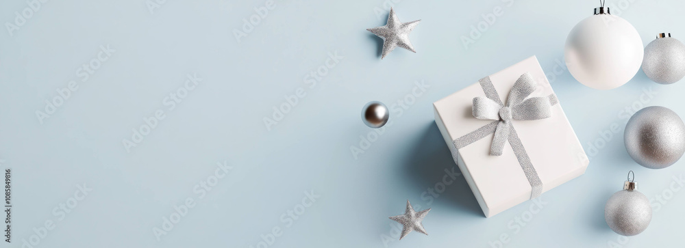 White gift box with silver ribbon and ornaments on blue background White gift box with silver ribbon and ornaments on blue background