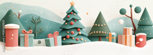 Festive 3D Christmas scene with trees and gifts in snowy landscape