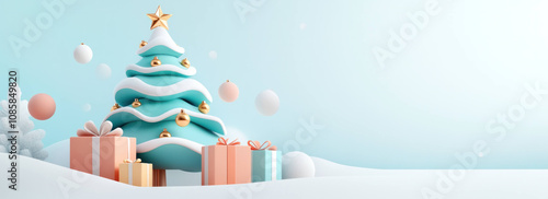 Festive 3D Christmas scene with tree and gifts in snowy landscape
