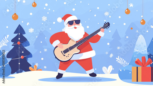 Santa Claus playing guitar in snowy landscape with trees and gifts