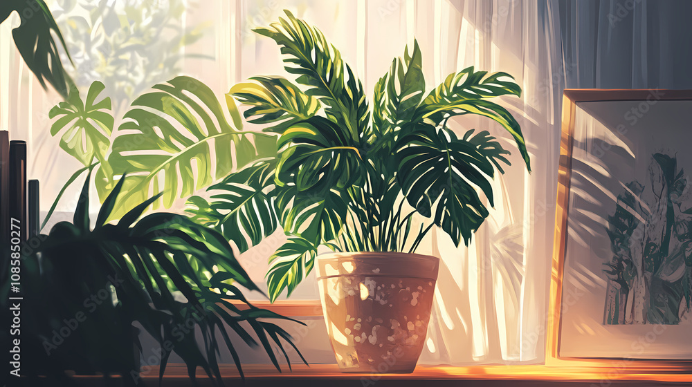 Fototapeta premium Anime Manga Plant in a Pot Illustration with Macro Detail