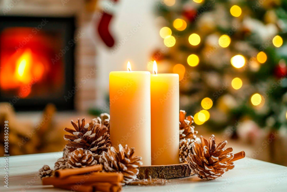 New Year's candles on a blurred background of a Christmas fireplace and tree, the concept of a Merry Christmas and a Happy New Year New Year's candles on a blurred background of a Christmas fireplace and tree, the concept of a Merry Christmas and a Happy New Year
