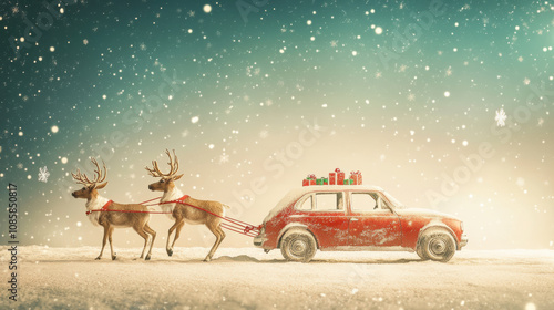 Joyful reindeer pulling vintage red car through snowy Christmas scene