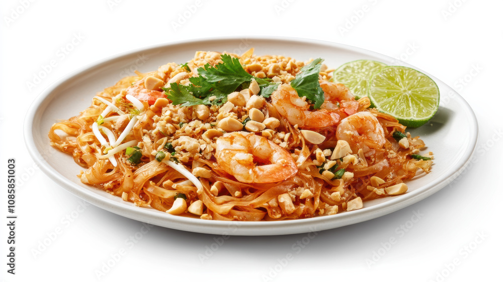 Delicious Pad Thai with shrimp, peanuts, and lime vibrant and flavorful dish Delicious Pad Thai with shrimp, peanuts, and lime vibrant and flavorful dish