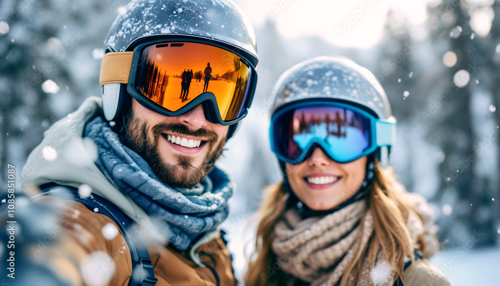 happy young couple in snow gear smiling at ski resort in the mountains, winter vacation, adventure and lifestyle, active people