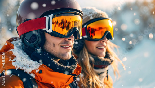 Obraz na płótnie happy young couple in snow gear smiling at ski resort in the mountains, winter vacation, adventure and lifestyle, active people w salonie