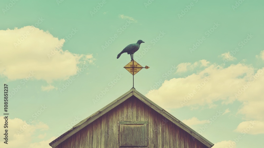Rustic barn with a weather vane featuring a crow against a backdrop of blue sky and fluffy clouds, evoking a sense of tranquility and rural charm. Rustic barn with a weather vane featuring a crow against a backdrop of blue sky and fluffy clouds, evoking a sense of tranquility and rural charm.