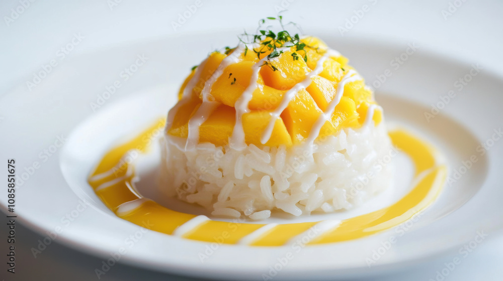 Sweet mango sticky rice dessert elegantly plated creamy coconut sauce delightful vibrant delicious Sweet mango sticky rice dessert elegantly plated creamy coconut sauce delightful vibrant delicious