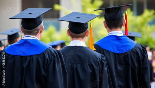 Rear view of university graduates wearing graduation gown and cap in the commencement day. Convocation day. Graduation day