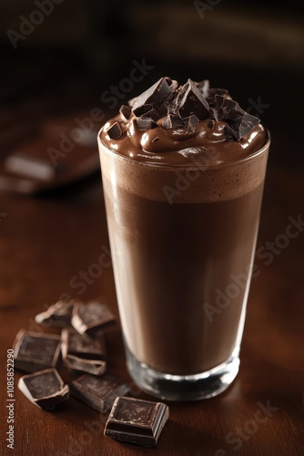 Rich chocolate beverage accompanied by decadent chocolate chunks, perfect for dessert or indulgent treats