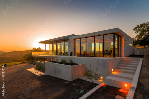 Beautiful modern style luxury home exterior at sunset with glowing interior lights. includes a three-car garage with clerestory windows, translucent panels, and a sophisticated design. photo