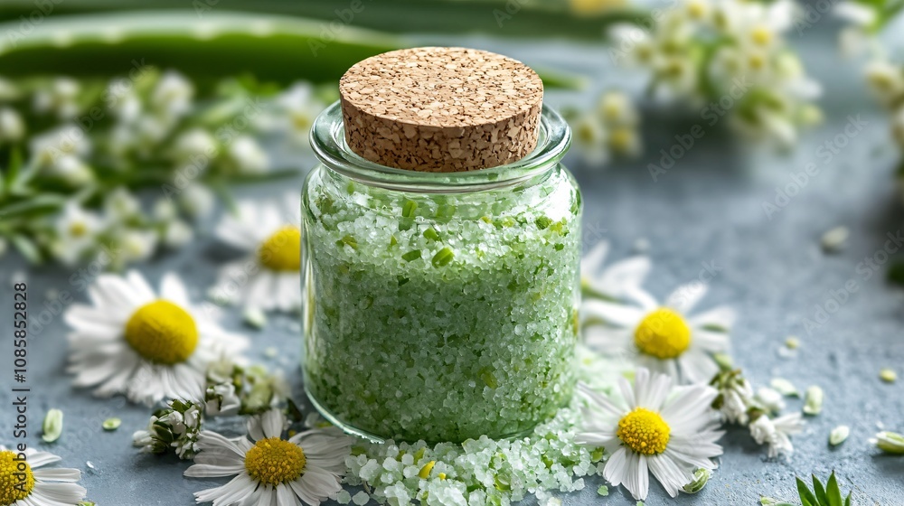 Close up of handmade aloe vera bath salts in a jar with cork, surrounded by aloe and chamomile flowers Close up of handmade aloe vera bath salts in a jar with cork, surrounded by aloe and chamomile flowers