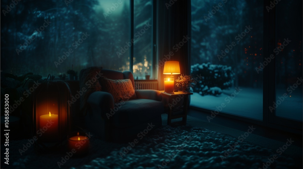 An armchair under a reading lamp with a patchouli candle, offering a subtle glow and room An armchair under a reading lamp with a patchouli candle, offering a subtle glow and room