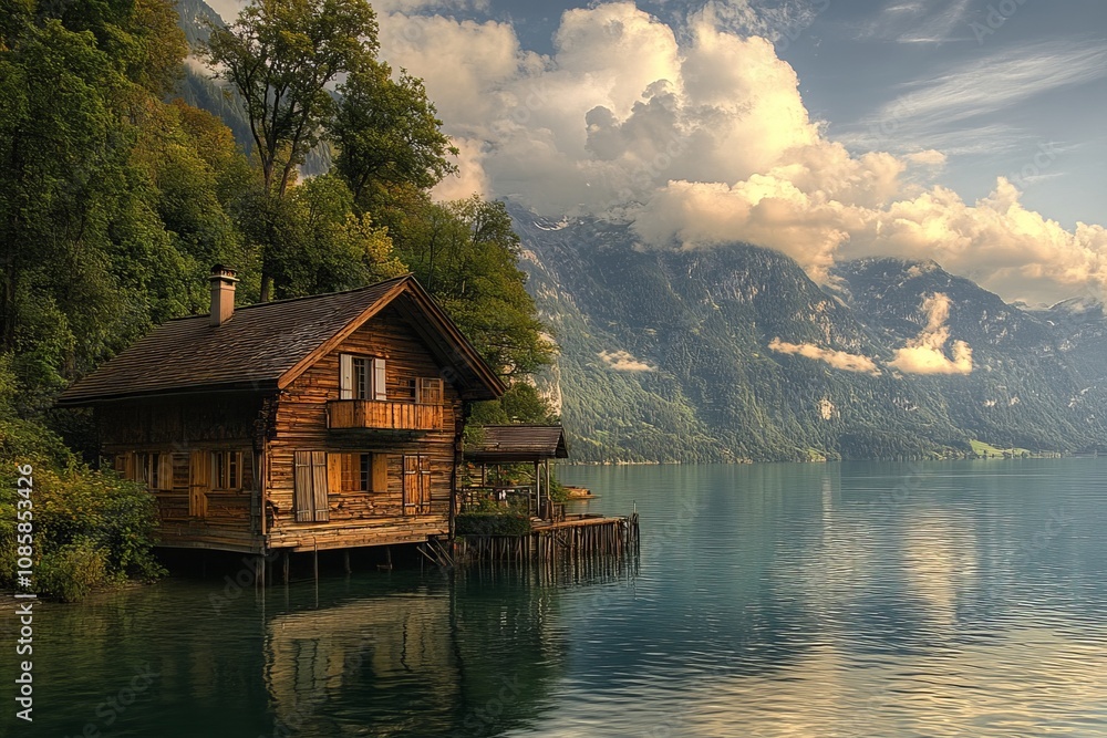 Stunning alpine village reflected in serene lake a captivating natural landscape Stunning alpine village reflected in serene lake a captivating natural landscape