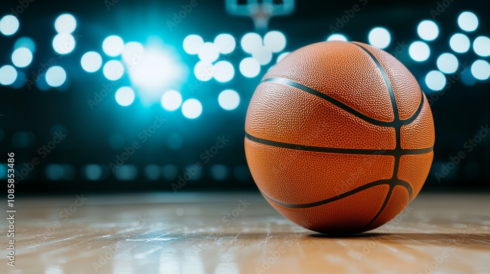 A close-up of a basketball resting on a polished wooden court, illuminated by bright lights, creating a dynamic and energetic atmosphere. A close-up of a basketball resting on a polished wooden court, illuminated by bright lights, creating a dynamic and energetic atmosphere.
