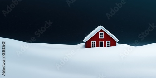 Solitary red house in winter landscape - snowy countryside scene for seasonal design