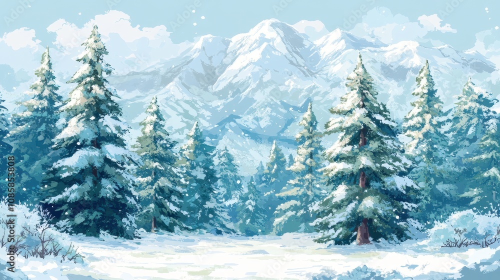 Fototapeta premium Serene Winter Landscape with Majestic Mountains and Snow-Covered Pines, Capturing the Tranquility of a Snowy Wilderness in Vibrant Colors and Soft Light