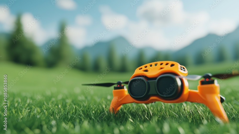 A vibrant orange drone rests on lush green grass, surrounded by mountains and trees, showcasing the beauty of outdoor technology. A vibrant orange drone rests on lush green grass, surrounded by mountains and trees, showcasing the beauty of outdoor technology.