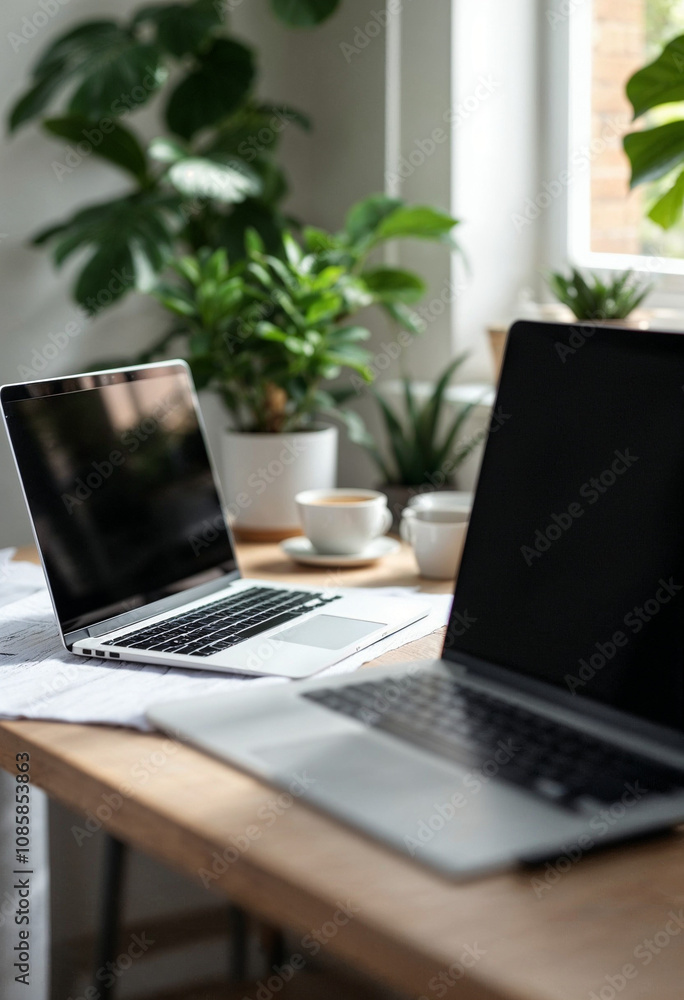 Shared Workspace with Two Laptops and Green Plants in Background Shared Workspace with Two Laptops and Green Plants in Background