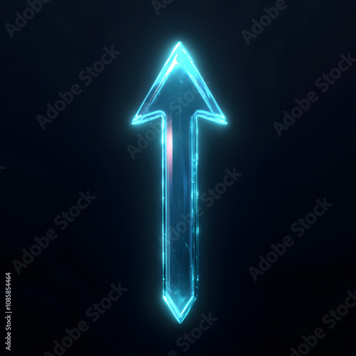 transparent glass arrow going up, post production, 3d blender, soft glow, high speed, on black background photo