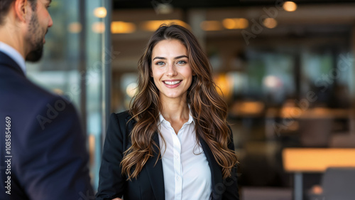 Portrait of bank employee  young woman coming out of bank office  man in suit opening door for her  space for advertising credit services and comfortable banking