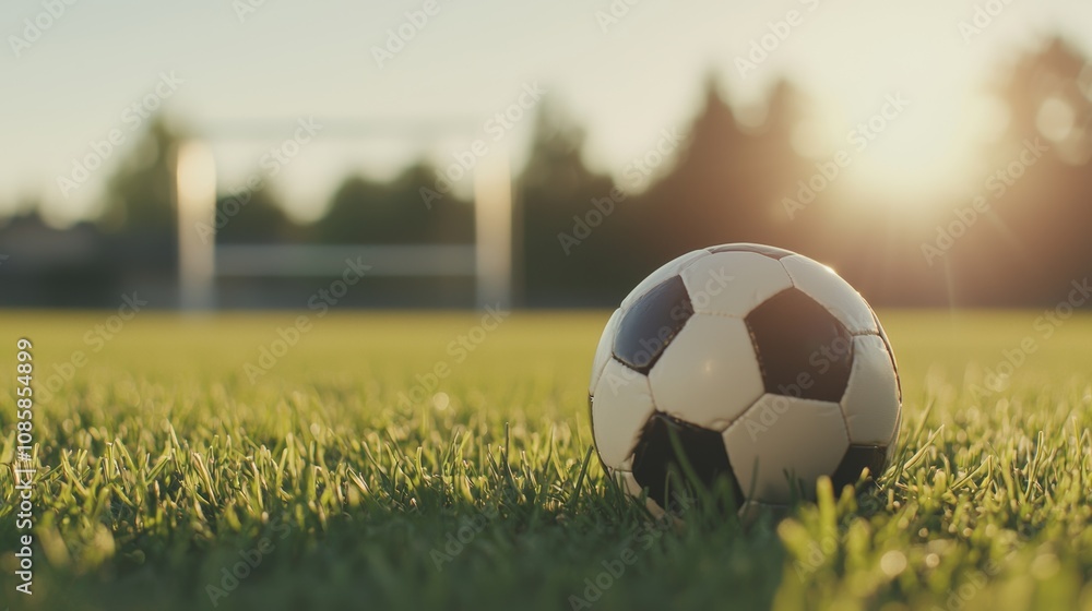 Fototapeta premium A close-up of a soccer ball on green grass, with a goalpost in the background, illuminated by warm sunlight, capturing the essence of a peaceful evening game.
