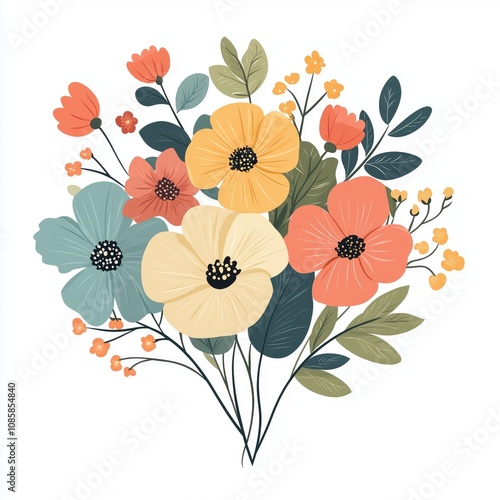 Vector bouquet of colorful flowers pastel color, simple, flat,hand-drawn, on an isolated white background