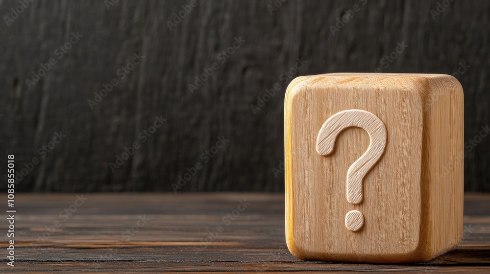 A minimalist wooden cube featuring a question mark stands alone against a dark blurred backdrop, inviting contemplation and curiosity A minimalist wooden cube featuring a question mark stands alone against a dark blurred backdrop, inviting contemplation and curiosity