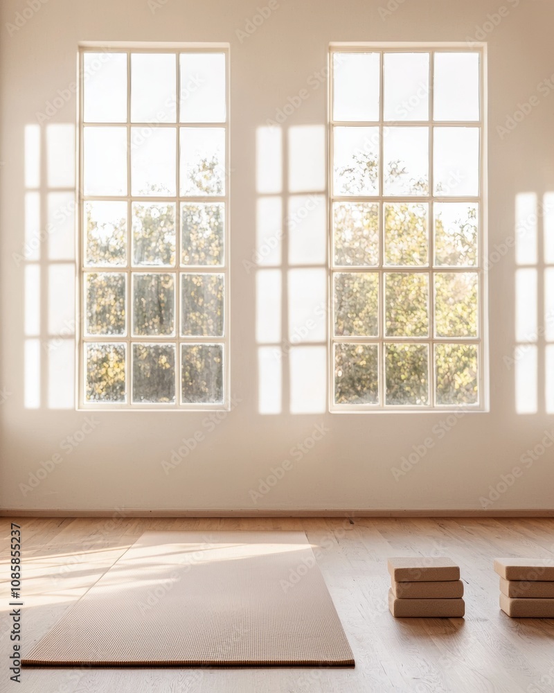 Fototapeta premium A serene, minimalist room featuring large windows that allow natural light, complemented by a wooden floor and yoga props.