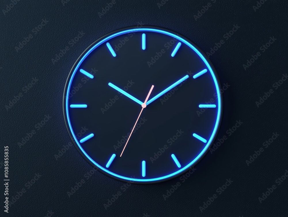 A modern clock with a sleek black face and glowing blue hour markers, displaying a minimalistic design. A modern clock with a sleek black face and glowing blue hour markers, displaying a minimalistic design.