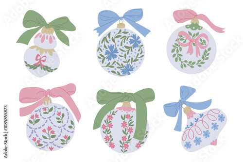 Elegant vintage Christmas ornaments with floral patterns and bows in soft pastel colors. Perfect for holiday decor, greeting cards, and festive designs. Vector hand drawn stickers on white background