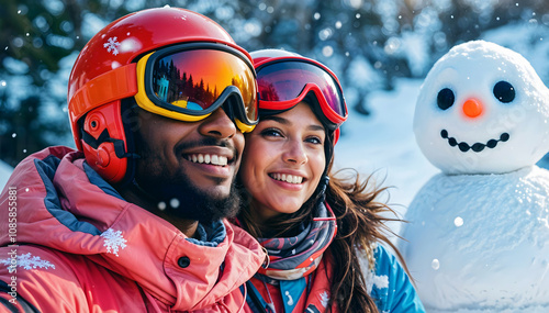 Obraz na płótnie happy young couple in snow gear smiling at ski resort in the mountains, winter vacation, adventure and lifestyle, active people w salonie