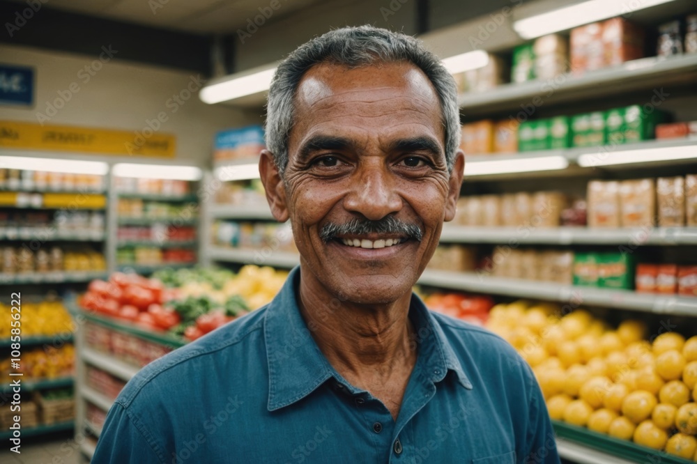 Close portrait of a smiling senior East Timorese male grocer standing and looking at the camera, East Timorese grocery store blurred background Close portrait of a smiling senior East Timorese male grocer standing and looking at the camera, East Timorese grocery store blurred background