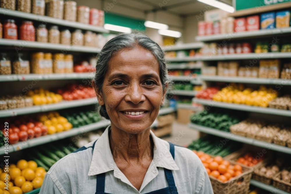 Close portrait of a smiling senior East Timorese female grocer standing and looking at the camera, East Timorese grocery store blurred background Close portrait of a smiling senior East Timorese female grocer standing and looking at the camera, East Timorese grocery store blurred background