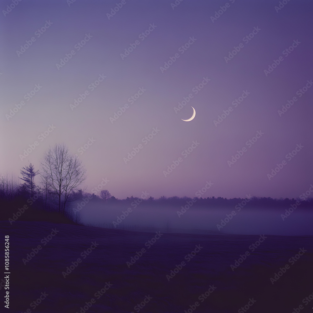 Fototapeta premium photograph, crescent moon, night sky, fog, purple tones