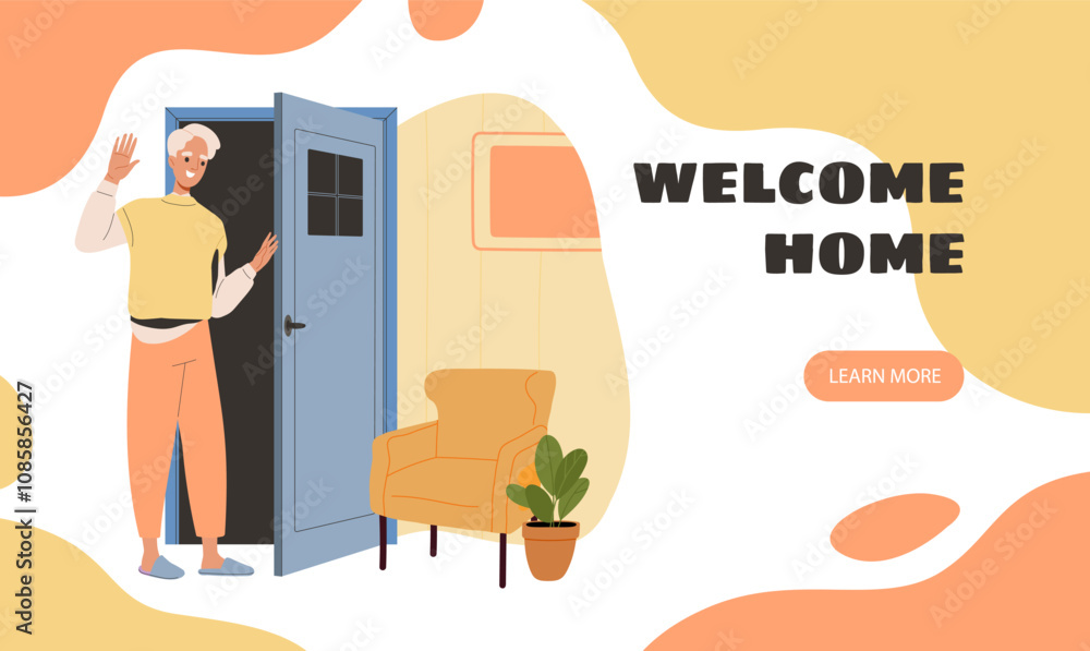 Naklejka premium Welcome home poster. Man near entrance to room. Comfort and coziness in apartment. Beautiful furniture in apartment. Landing webpage design. Flat vector illustration