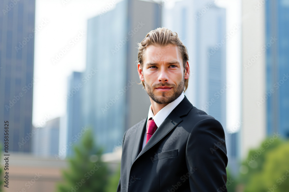 Businessman smiling with confidence in front of skyscrapers Businessman smiling with confidence in front of skyscrapers
