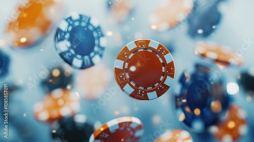 The falling of casino chips on a white background