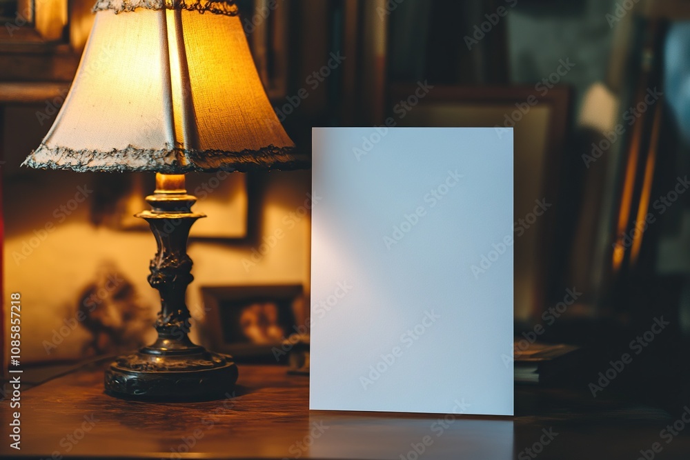 white blank paper in table with leaves and lamp low light mode white blank paper in table with leaves and lamp low light mode